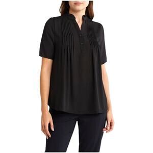 T Tahari Black Pintuck Split Neck Blouse M NWT – Workwear Office Chic
